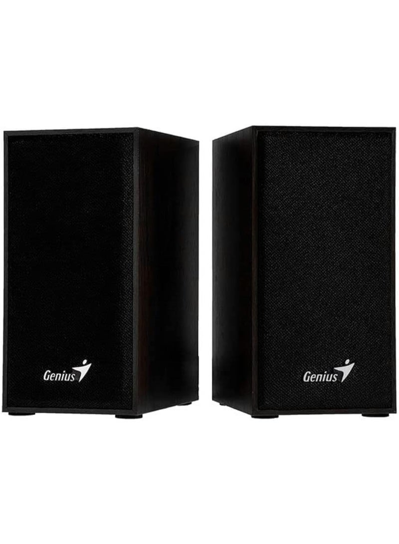 جينيس مكبرات صوت ستيريو ثنائية الاتجاه Genius SP-HF180 بمنفذ USB، مزودة بمقبس صوت 3.5 ملم، وهيكل خشبي، ووحدة تحكم مدمجة في مستوى الصوت، ومكبرات صوت متعددة الوسائط تعمل بتقنية التوصيل والتشغيل لأجهزة الكمبيوتر الشخصية والمحمولة والتلفزيون والهواتف المحمولة - أسود - Image 1